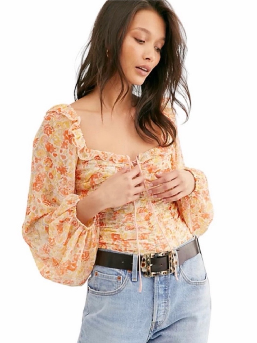 Free People Mabel Printed Blouse M Floral Sheer Sleeve Corset Fairy Ren-Faire
